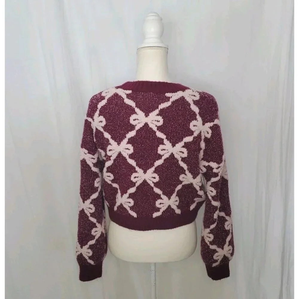 Derek Heart Cropped Bow Sweater Womens Size Large Soft Warm Comfy Preppy Purple - Picture 3 of 11